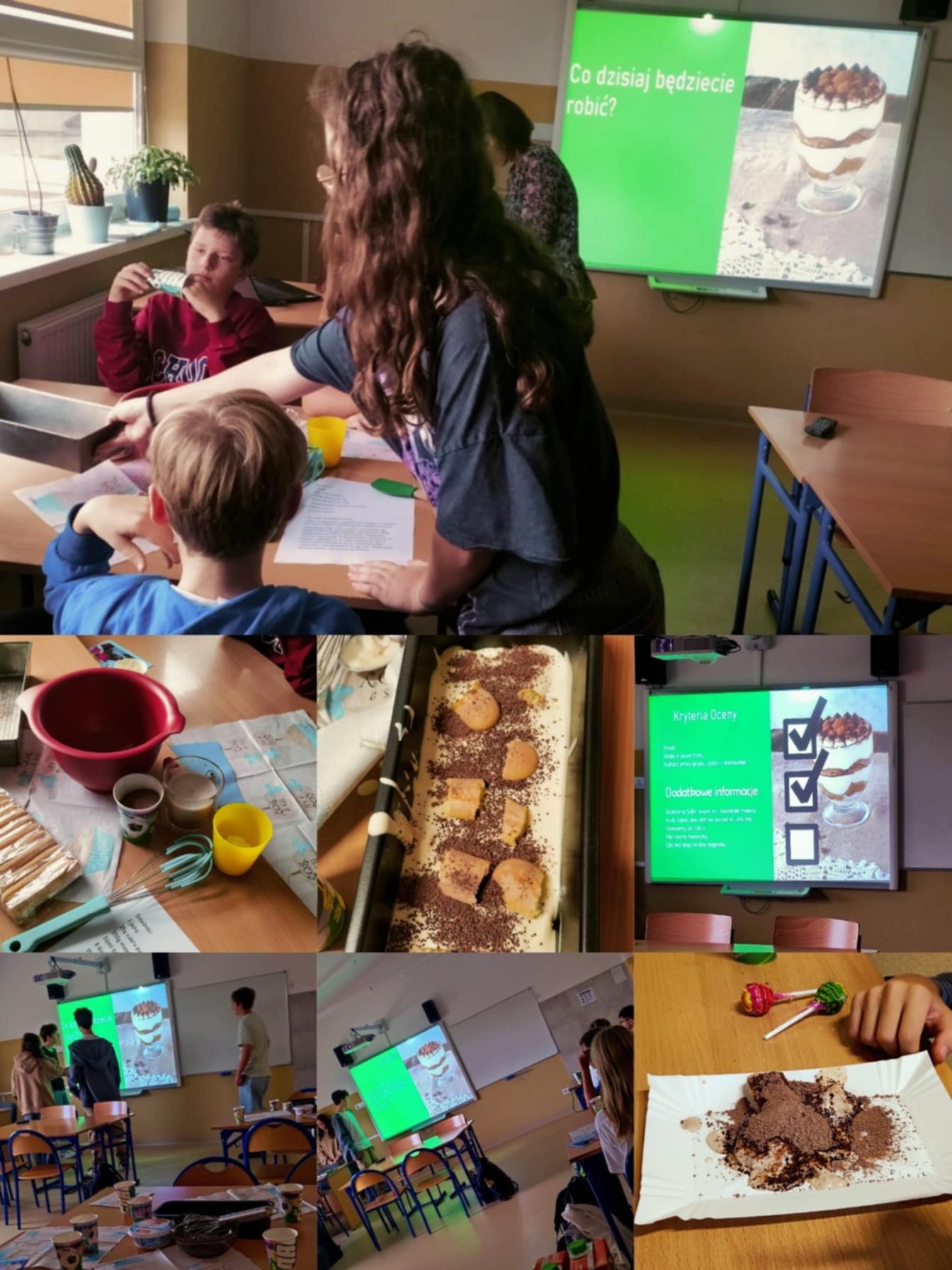 Uczniowie przygotowujący desery wg przepisu wyświetlanego na tablicy interaktywnej