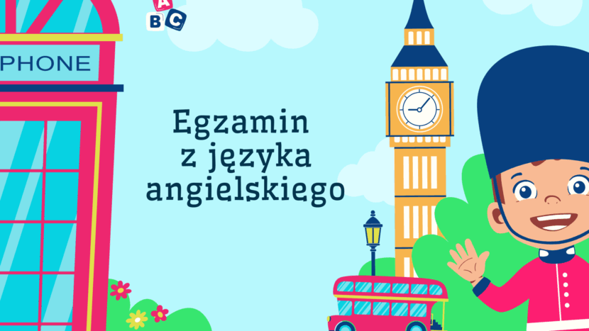 wieża Big Ben z charakterystycznym dwupietrowym angielskim autobusem, na środku napis egzamin z języka angielskiego