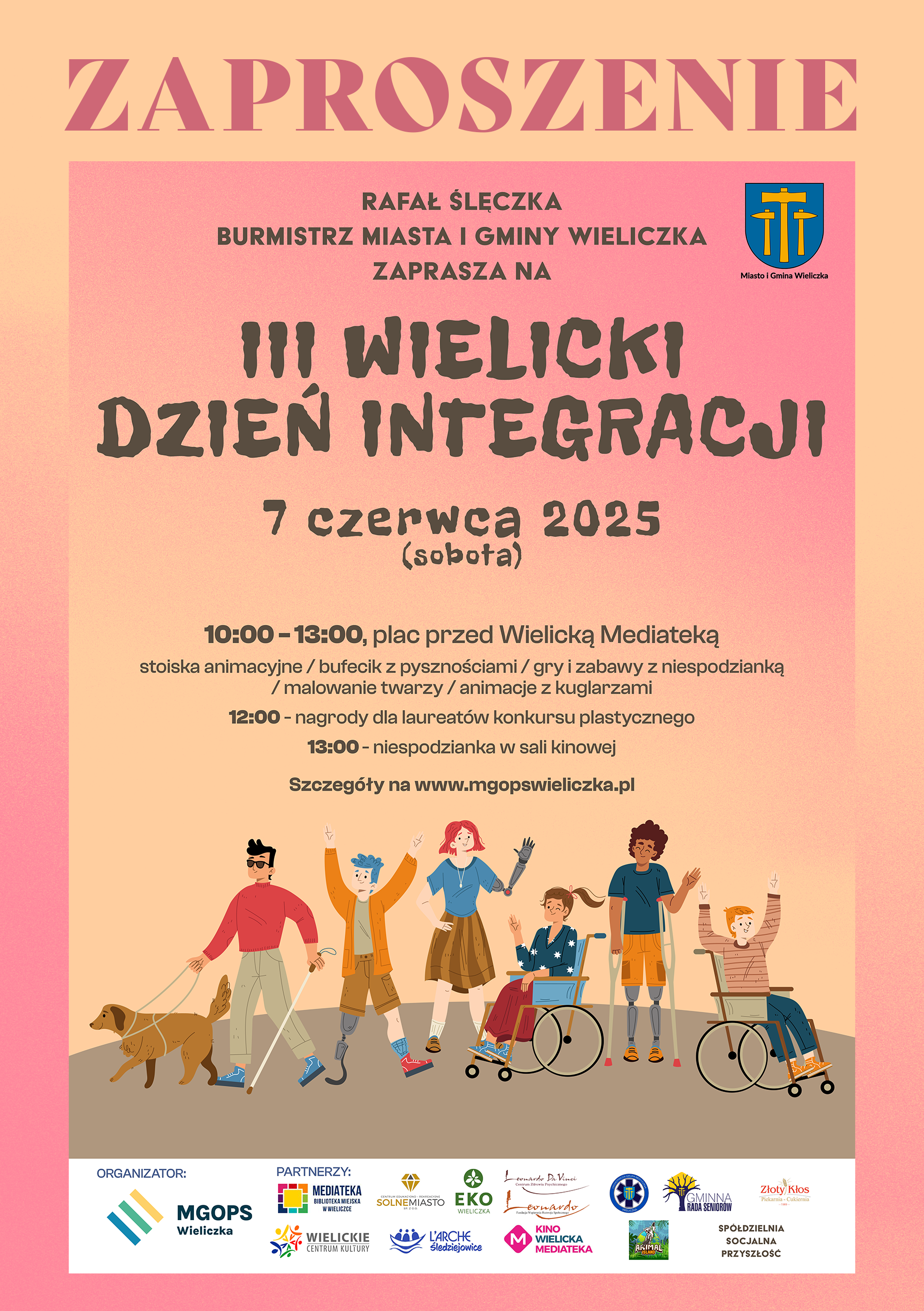 Zaproszenie Burmistrza Miasta i Gminy Wieliczka na III Wielicki Dzień Integracji. Treść zaproszenia a poniżej grupa ludzi różnych ras