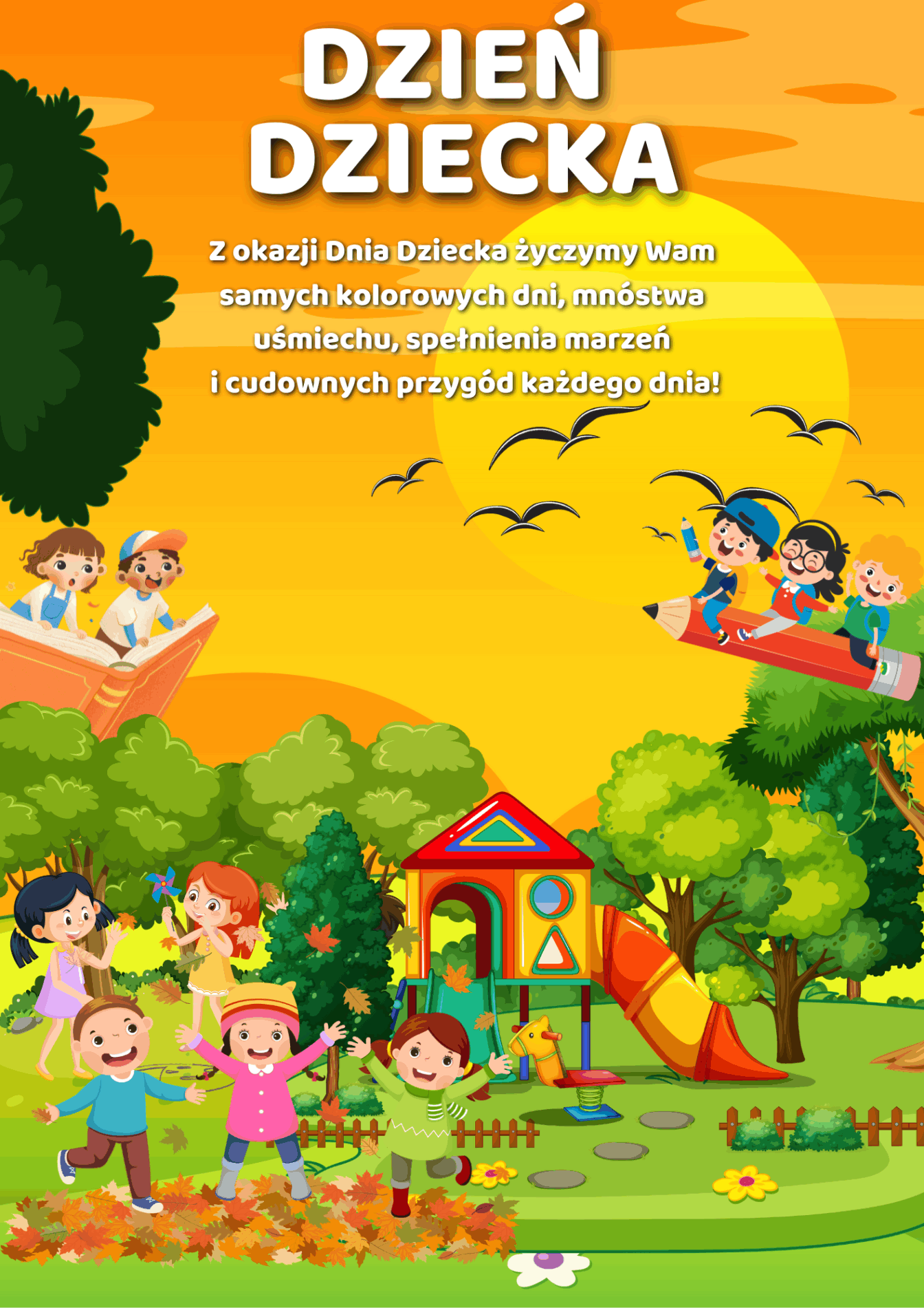 Plakat z okazji dznia dziecka z życzeniami oraz ilustrowanymi zabawami