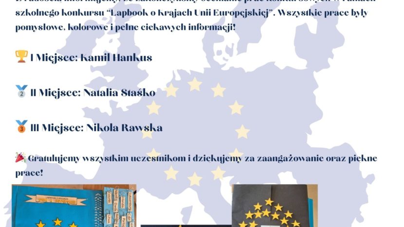 Plakat z informacją: z radością informujemy, że zakończyliśmy ocenianie prac konkursowych w ramach szkolnego konkursu "Lapbook o Krajach Unii Europejskiej". Wszystkie prace były pomysłowe, kolorowe i pełne ciekawych informacji!