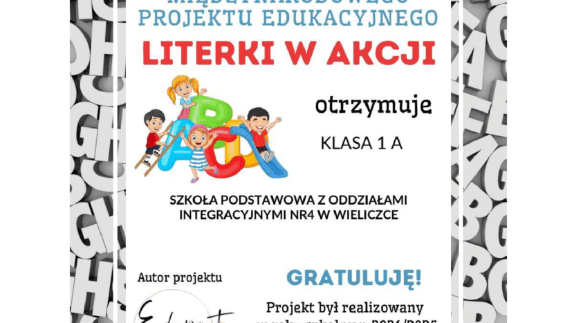 Certyfikat za udział w innowacji pedagogicznej “LITERKI W AKCJI” POZNAWANIE LITER MOŻE BYĆ FASCYNUJĄCĄ PRZYGODĄ!!!