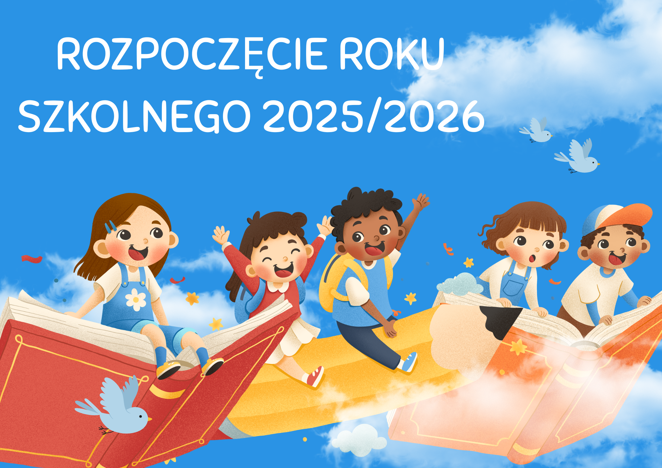 Rozpoczęcie roku szkolnego 2025/2026, uśmiechnięte dzieci pędzą do szkoły lecąc na kredce, podręczniku, zeszycie
