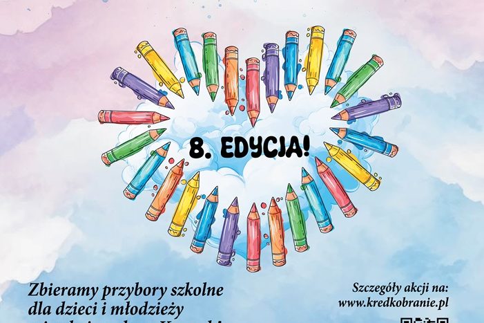 Kolorowe kredki ułożone na kształt serca w środku napis "8.edycja" pod kredkami szczegóły dotyczące akcji oraz nazwa fundacji jako organizatora