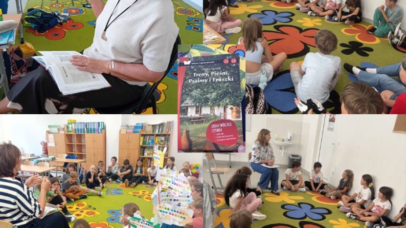 Opis zdjęcia: zdjęcie wykonane techniką kolażu – podział na cztery pola, po środku sfotografowana książka z napisem Jan Kochanowski Treny, Pieśni, Psalmy i Fraszki. W lewym górnymi i dolnym rogu sfotografowanym były nauczyciel bibliotekarz Alicja Pankiewicz, czytająca książkę uczniom. Na dolnej fotografii uczniowie siedzą na kolorowym dywanie wokół nauczycielki. W prawym górym i dolnym zdjęciu nauczyciel bibliotekarz Agnieszka Socha-Downar, rozmawia z uczniami siedzącymi na kolorowym dywanie o poezji Jana Kochanowskiego.