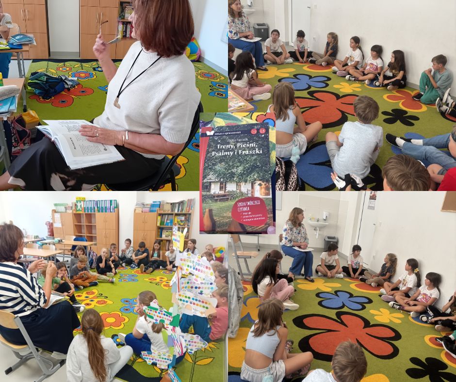 Opis zdjęcia: zdjęcie wykonane techniką kolażu – podział na cztery pola, po środku sfotografowana książka z napisem Jan Kochanowski Treny, Pieśni, Psalmy i Fraszki. W lewym górnymi i dolnym rogu sfotografowanym były nauczyciel bibliotekarz Alicja Pankiewicz, czytająca książkę uczniom. Na dolnej fotografii uczniowie siedzą na kolorowym dywanie wokół nauczycielki. W prawym górym i dolnym zdjęciu nauczyciel bibliotekarz Agnieszka Socha-Downar, rozmawia z uczniami siedzącymi na kolorowym dywanie o poezji Jana Kochanowskiego.
