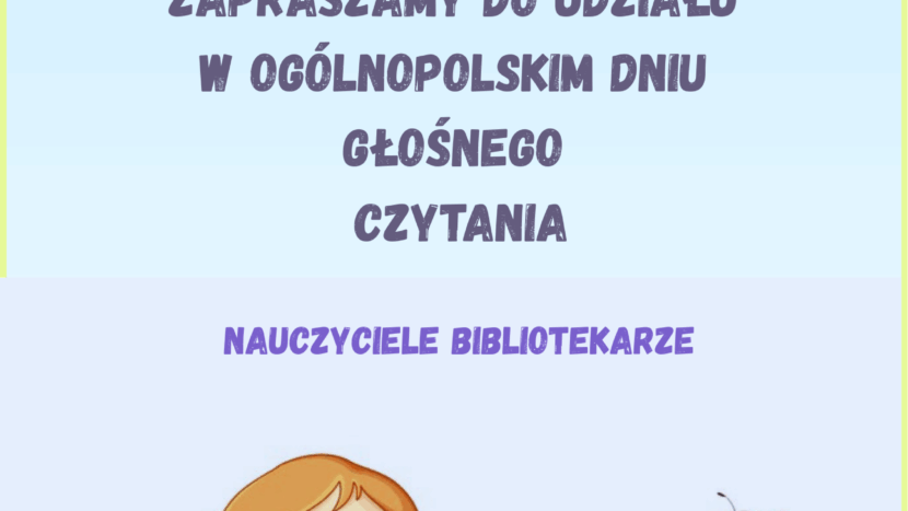 Na podłodze siedzi dwoje uśmiechniętych dzieci .Chłopiec w okularach czyta książkę ,dziewczynka w czerwonym kombinezonie siedzi po turecku i pilnie słucha .Po prawej stronie jest stos książek , kwiaty , na kwiatku motylek czytający książkę. Po lewej stronie chłopca leży plecak , a na nim pszczółka w birecie. Plakat ma niebieskie tło , a na nim napis zapraszający do udziału w ogólnopolskim Dniu Głośnego Czytania