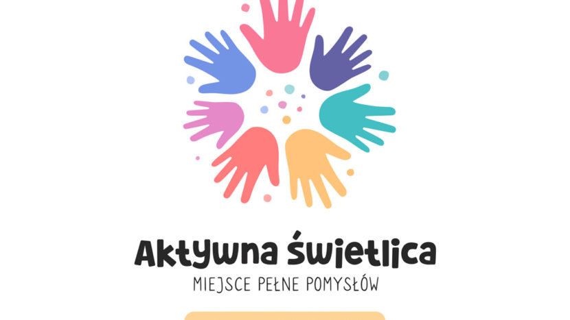 Siedem kolorowych dłoni odciśniętych na kształt koła, pod nimi napis "Aktywna świetlica, miejsce pełne pomysłów, mali odkrywcy" - logo projektu aktywna świetlica.