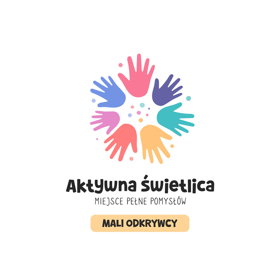 Siedem kolorowych dłoni odciśniętych na kształt koła, pod nimi napis "Aktywna świetlica, miejsce pełne pomysłów, mali odkrywcy" - logo projektu aktywna świetlica.