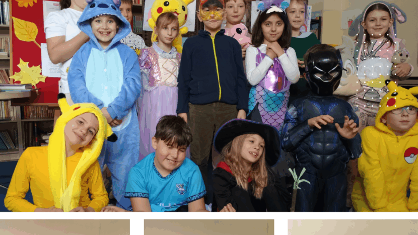 Kolaże przedstawiają uczniów klas: IIa, IIb, IIc i IId z nauczycielami podczas zajęć bibliotecznych "Witajcie w naszej bajce!" zorganizowanych z okazji Dnia Postaci z Bajek. Dzieci przebrały się za ulubionych bohaterów bajkowych lub przyniosły rekwizyty z nimi związane.
