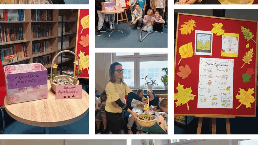 Kolaż przedstawia obchody Dnia Życzliwości i Pozdrowień w bibliotece szkolnej. Zdjęcia przedstawiają uczniów klas IVc i IVd, wraz z nauczycielami, na zajęciach bibliotecznych. W spotkaniu z klasą IVc uczestniczyły Panie Dyrektor Beata Kukiełka i Agata Głowacka