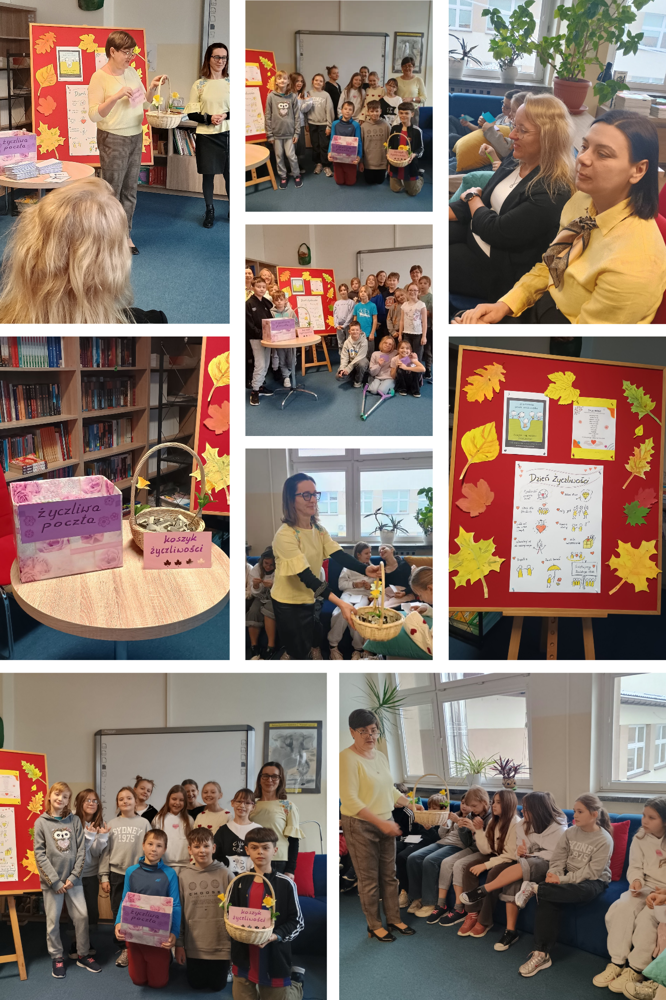 Kolaż przedstawia obchody Dnia Życzliwości i Pozdrowień w bibliotece szkolnej. Zdjęcia przedstawiają uczniów klas IVc i IVd, wraz z nauczycielami, na zajęciach bibliotecznych. W spotkaniu z klasą IVc uczestniczyły Panie Dyrektor Beata Kukiełka i Agata Głowacka