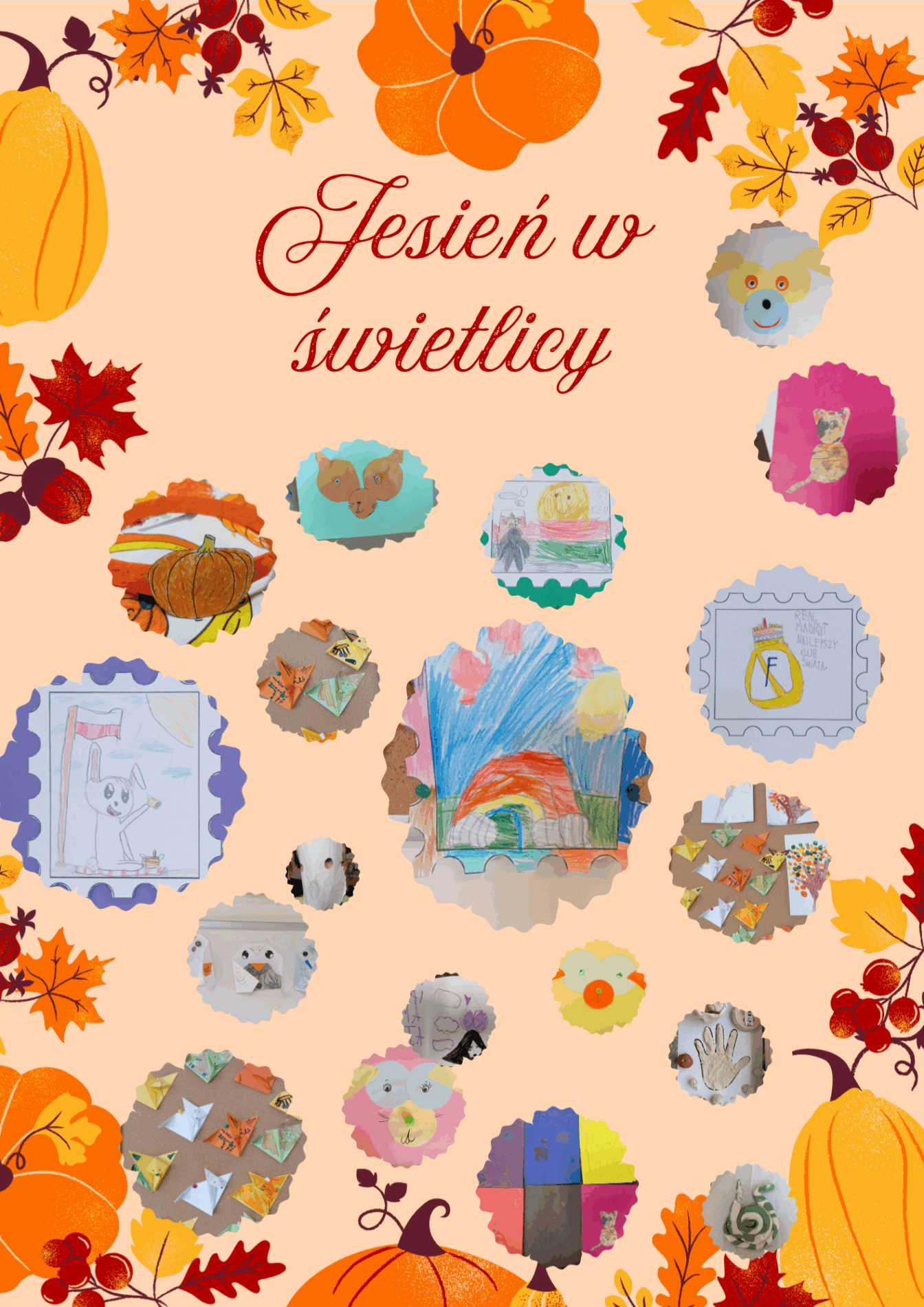 Plakat przedstawia prace dzieci wykonane podczas jesiennych zajęć w świetlicy. Na tle w odcieniu ciepłego beżu umieszczono kolorowe rysunki i wycinanki związany z motywem jesieni, zwierząt itd. 

W centralnej części widnieje elegancki, czerwony napis: „Jesień w świetlicy”.
Wokół rozmieszczone są różnorodne prace plastyczne: rysunki dyni, liści, zwierząt, drzew oraz jesiennych pejzaży. Widać też papierowe origami w kształcie lisów, prace z odciskami dłoni. Tło zdobią ilustracje dyni, żołędzi, owoców jarzębiny i jesiennych liści