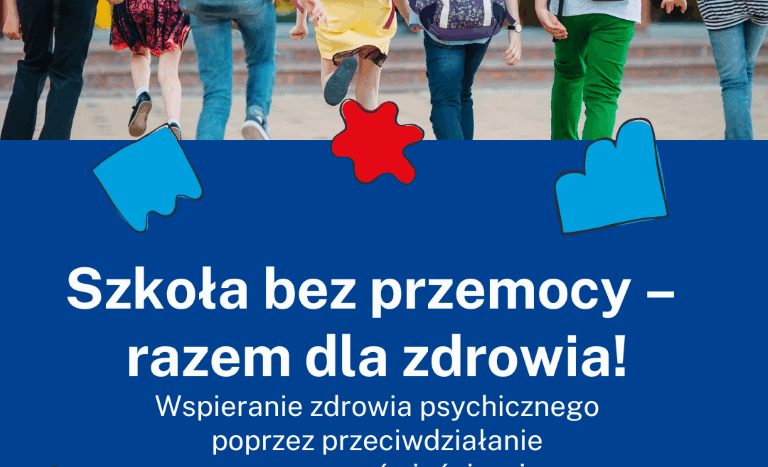 Grupka dzieci, uczniów pokazna od tyłu, na środku pod zdjęciem napis szkoła bez przemocy - razem dla zdrowia