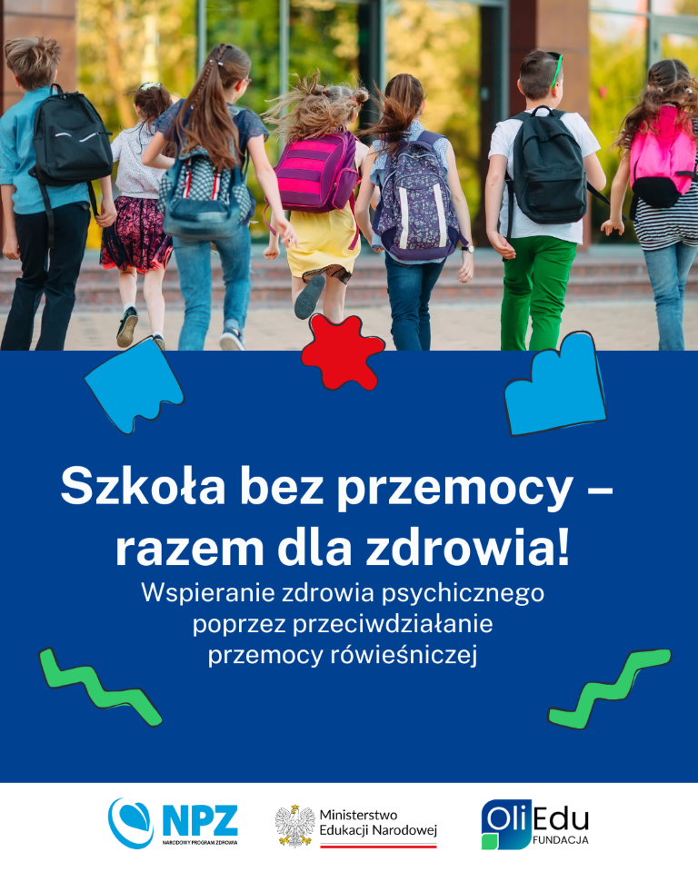 Grupka dzieci, uczniów pokazna od tyłu, na środku pod zdjęciem napis szkoła bez przemocy - razem dla zdrowia