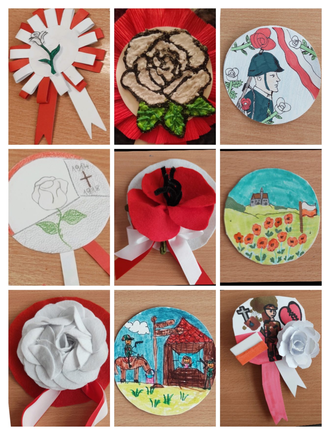 Kolaż zdjęć przedstawiający kotyliony wykonane przez uczniów szkoły