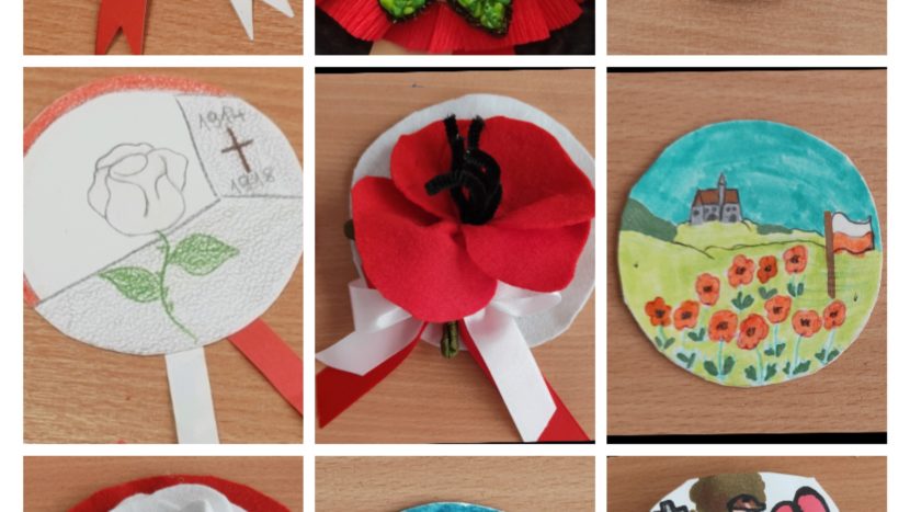 Kolaż zdjęć przedstawiający kotyliony wykonane przez uczniów szkoły