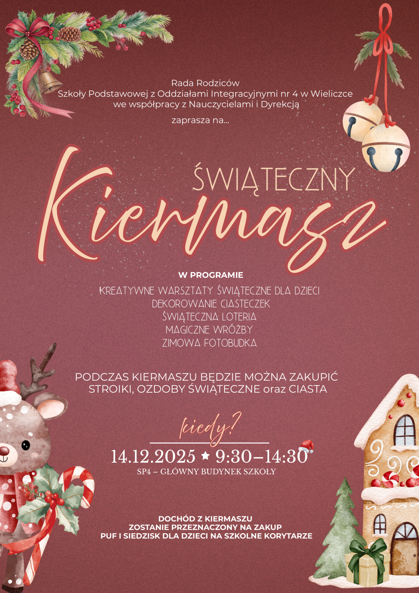 Zaproszenie na kiermasz świąteczny w formie plakatu z bordowym tłem i ozdobami świątecznymi