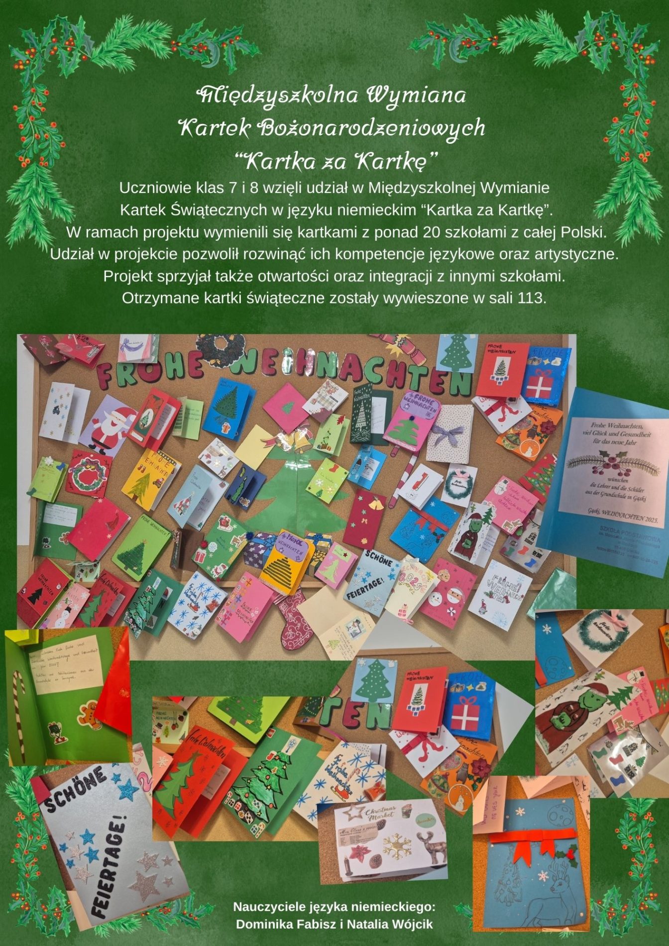 Kartki świąteczne przypięte do tablicy, wszystkie napisane w języku angielskim 