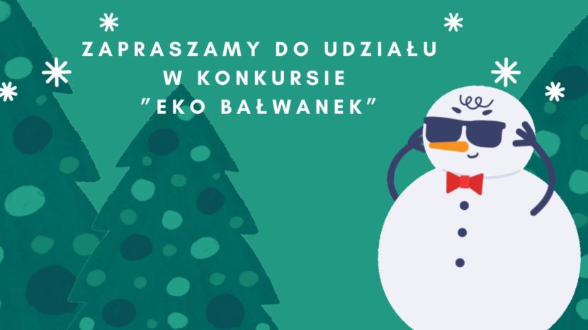 bałwan słuchający muzyki, ubrany w okulary przeciwsłoneczne, obok dwie choinki, padający snieg
