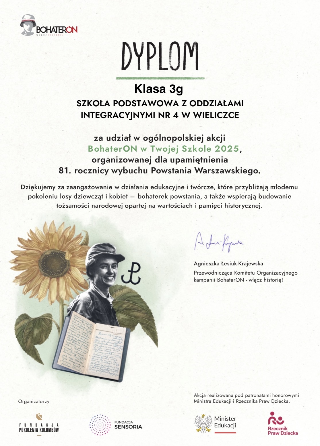 Zdjęcie przedstawia dyplom dla uczniów klasy 3G za udział w ogólnopolskiej akcji BohaterOn.