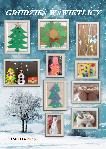  Plakat prezentuje prace plastyczne dzieci inspirowane utworem Antonio Vivaldiego „Cztery pory roku- Zima” oraz dziełami literackimi. W tle ośnieżone drzewa i zimowy krajobraz w szarych oraz białych odcieniach. Ozdobione jest nutami i skrzypcami. Na górze znajduje się duży, ciemny napis:   „Muzyczno- literackie inspiracje. Antonio Vivaldi Cztery Pory Roku- Zima”. Poniżej rozmieszczono ilustracje przedstawiające zimowe pejzaże na niebieskich, fioletowym i szarym tle. Są to kolaże wykonane przy użyciu białych, okrągłych płatków kosmetycznych i białej waty, a także białych pomponów, cekinów i farby plakatowej