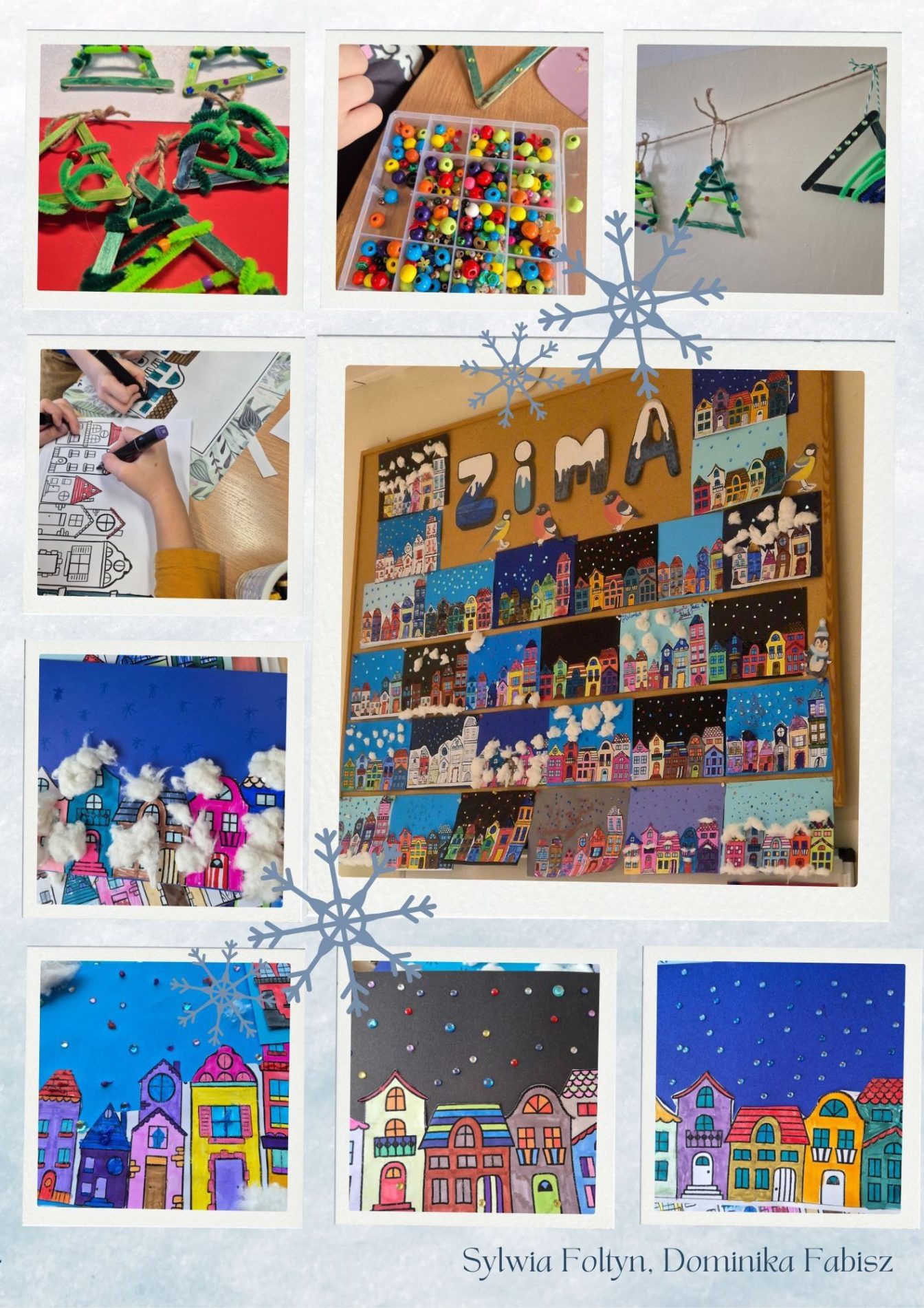 Kolaż zdjęć przedstawia zimowe prace plastyczne dzieci: choinki wykonane klejem magic, który jest posypany solą a następnie powstająca wypukła warstwa wymalowana jest farbami oraz kreatywne choinki z zielonych patyczków i drucików