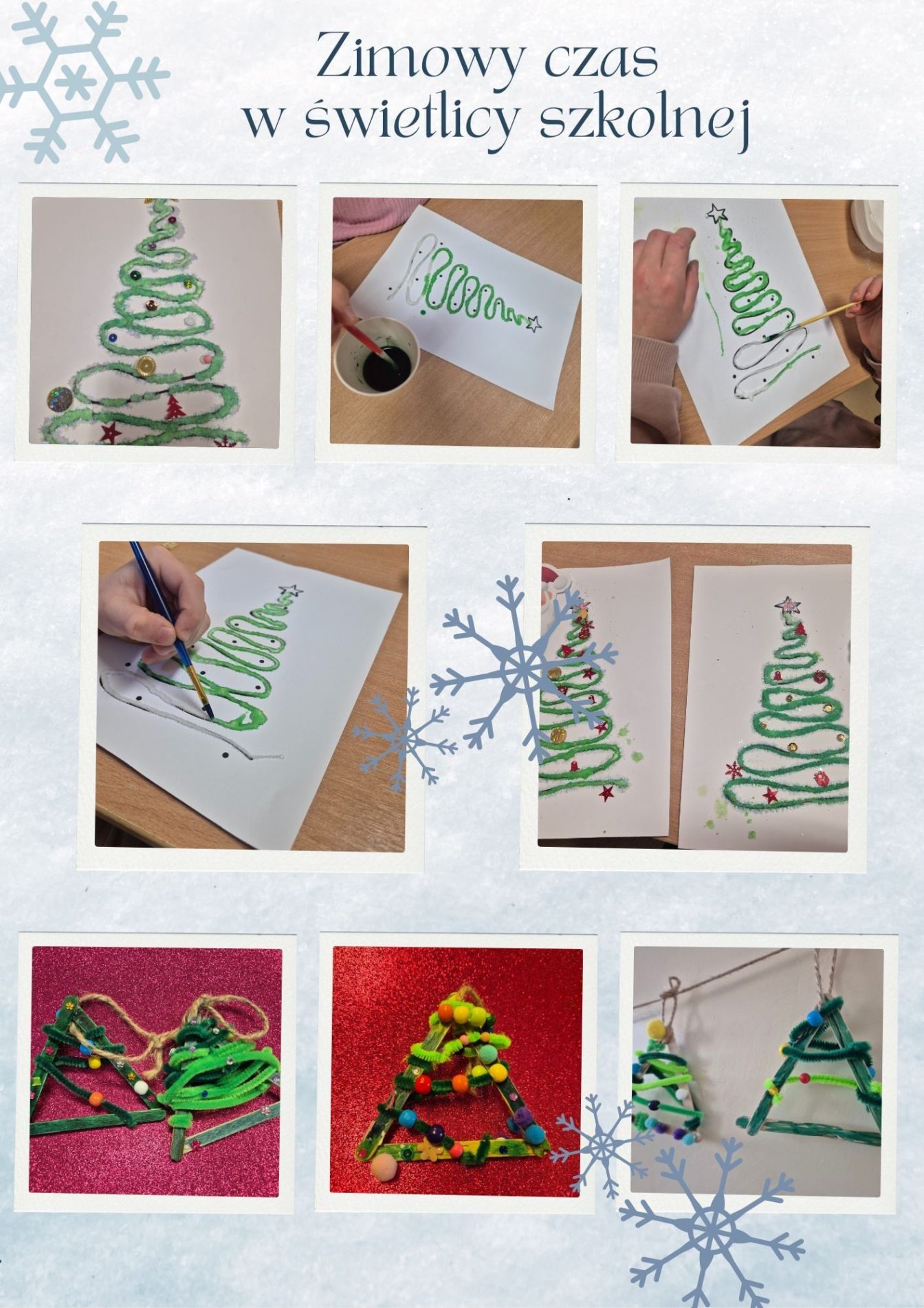 Zdjęcie przedstawia kolaż dziecięcych prac plastycznych o tematyce zimowej. Widoczne są kreatywne choinki wykonane z zielonych patyczków i drucików, kolorowe koraliki oraz zawieszki. Na innych zdjęciach widać rysunki domków w zimowej scenerii, pokryte białą watą imitującą śnieg. Prace są kolorowe i umieszczone na tablicy z napisem „ZIMA”.
