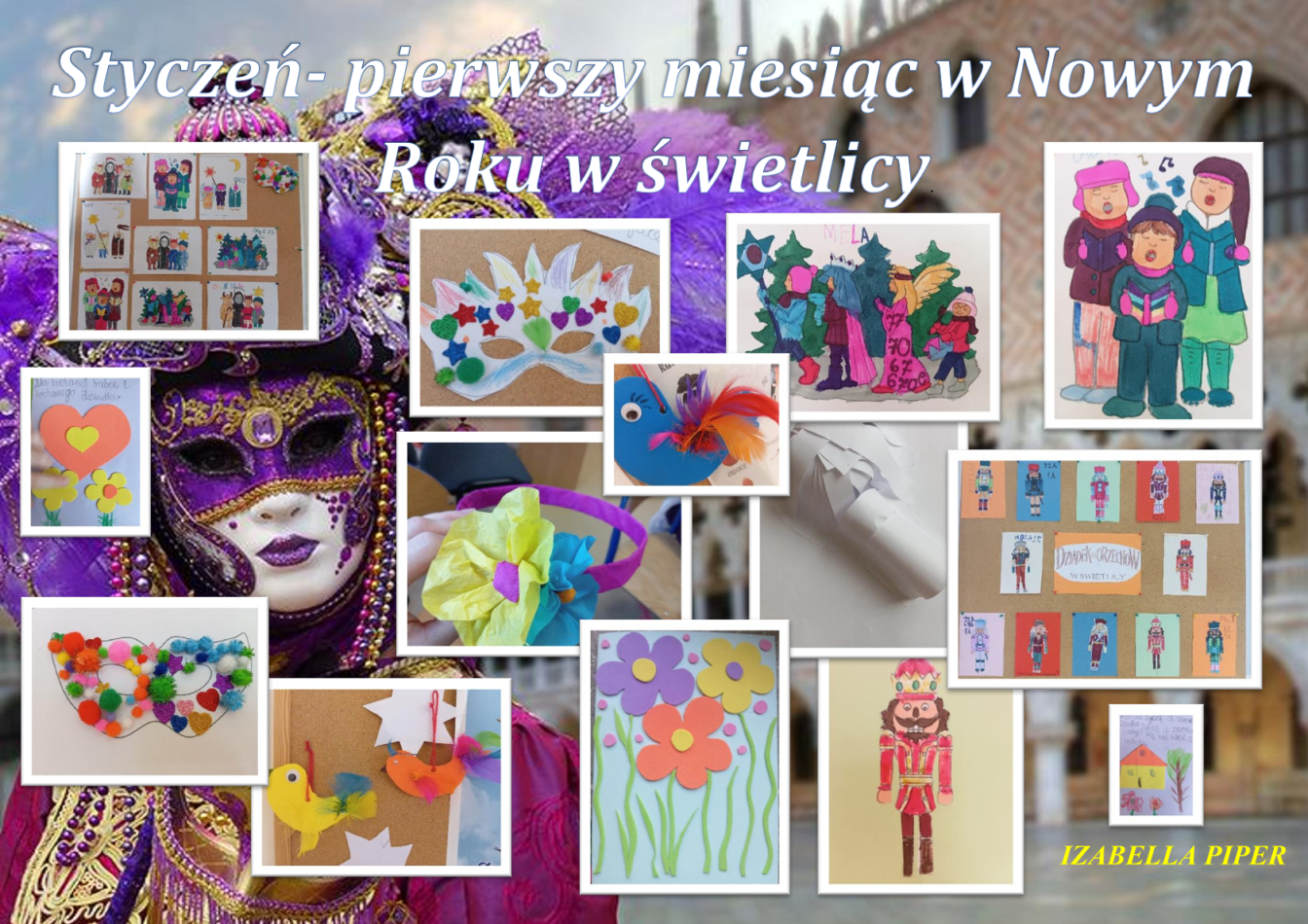 Plakat przedstawia prace dzieci wykonane podczas styczniowych zajęć w świetlicy. Na tle w odcieniach fioletu, różu i brązów z widniejącym karnawałowym przebierańcem w weneckiej mace umieszczono prace plastyczne, postać Dziadka do orzechów z baletu o tym samym tytule w wielu wersjach, postacie tradycyjnych polskich kolędników, igloo 3d z papieru, ptaszki z kolorowych pianek i piórek, karnawałowe maski udekorowane wielokolorowymi pomponikami, cekinami, gwiazdkami, sercami, balową opaskę z bibuły z kwiatami, laurki dla Babci i Dziadka, a na nich serca, kwiaty, domek itd.
W górnej części widnieje biały napis: „Styczeń- pierwszy miesiąc w Nowym Roku w świetlicy”
