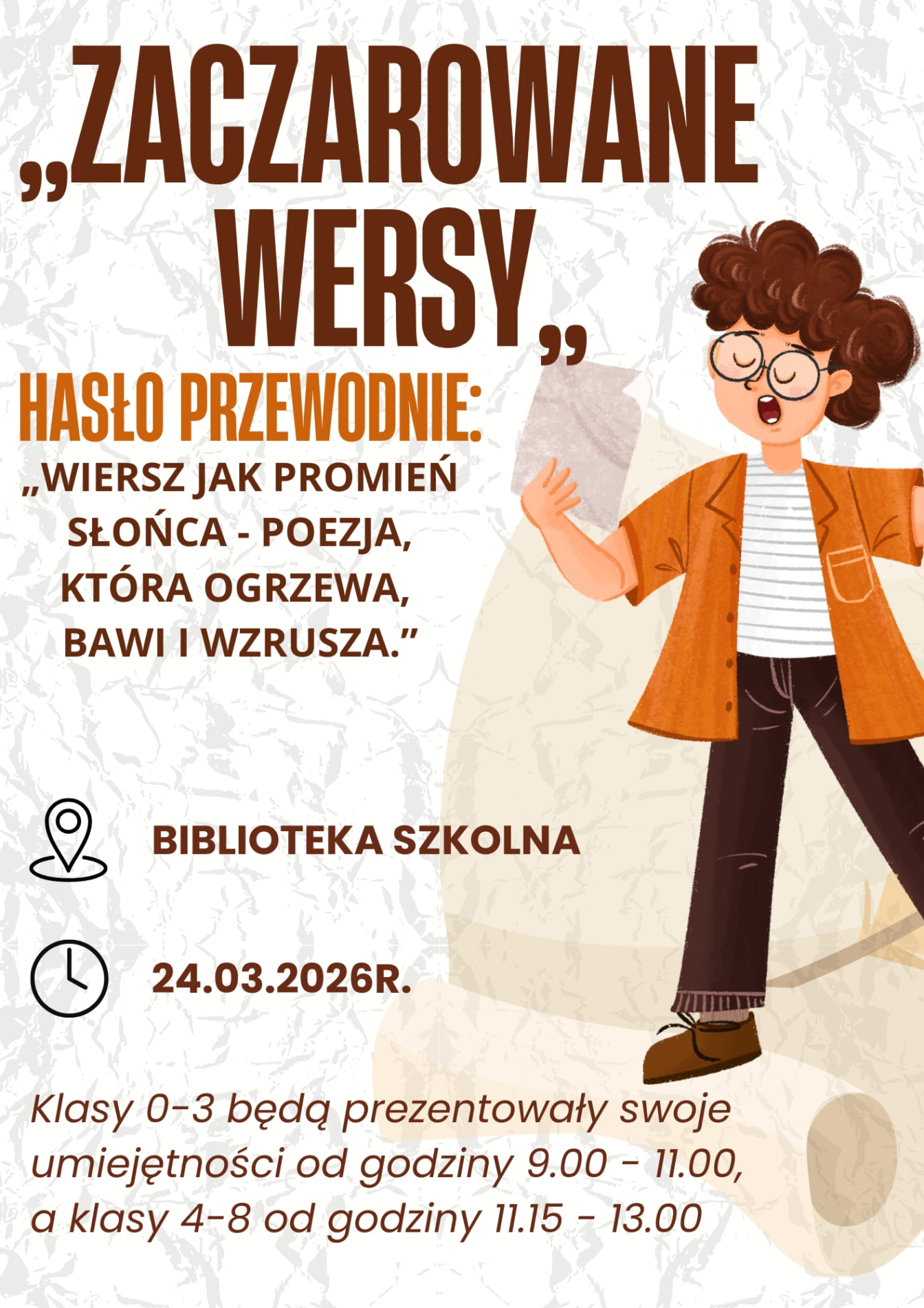 Zaproszenie na konkurs Zaczarowane wersy, obok tekstu z zaproszeniem młody chłopak w okularach, podana data i godzina rozpoczecia