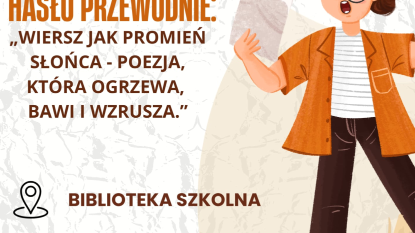 Zaproszenie na konkurs Zaczarowane wersy, obok tekstu z zaproszeniem młody chłopak w okularach, podana data i godzina rozpoczecia
