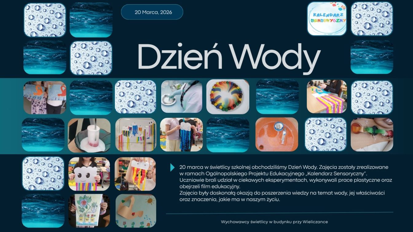 torelacja z obchodów Dnia Wody.
Zdjęcia ułożone w formie kafelków prezentują efekty doświadczeń oraz prace plastyczne wykonane przez uczniów świetlicy. Część kafelków pełni funkcję dekoracyjną – przedstawiają krople wody oraz ujęcia wykonane pod powierzchnią wody. Na jednym z kafelków znajduje się logo Projektu Edukacyjnego „Kalendarz Sensoryczny”.
