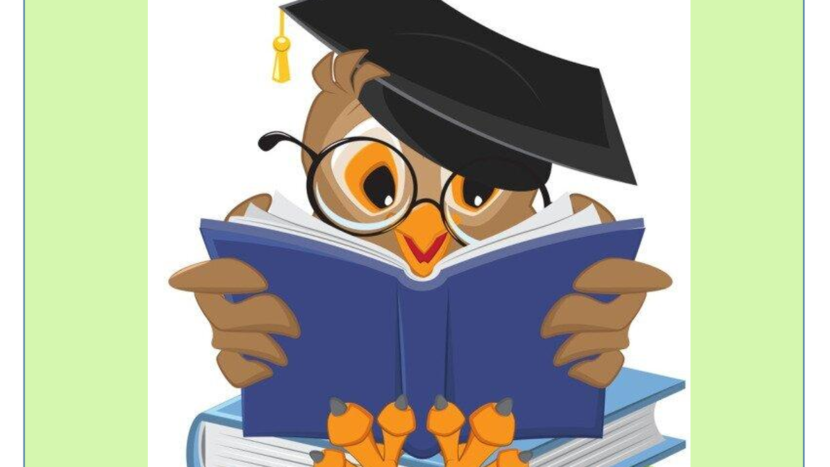 Opis grafiki - plakatu z sową: na jasnozielonym tle znajduje się biały prostokąt. W centrum grafiki umieszczono sowę w birecie na głowie, okularach w czarnej oprawie, z otwartą książką w niebieskiej okładce. Sowa siedzi na dwóch zamkniętych książkach w jasnozielonej i jasnoniebieskiej okładce.