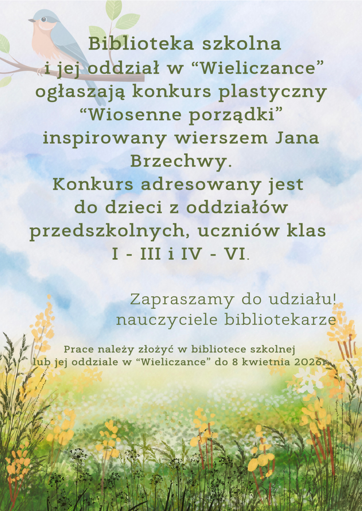 Plakat konkursowy z informacją o szkolnym konkursie plastycznym pt wiosenne porządki