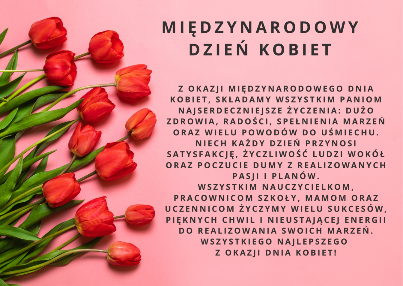 8 marca- Międzynarodowy Dzień Kobiet grafika z czerwonymi tulipanami po lewej stronie i życzeniami dla kobiet po prawej stronie
