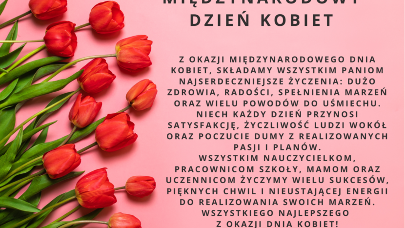 8 marca- Międzynarodowy Dzień Kobiet grafika z czerwonymi tulipanami po lewej stronie i życzeniami dla kobiet po prawej stronie