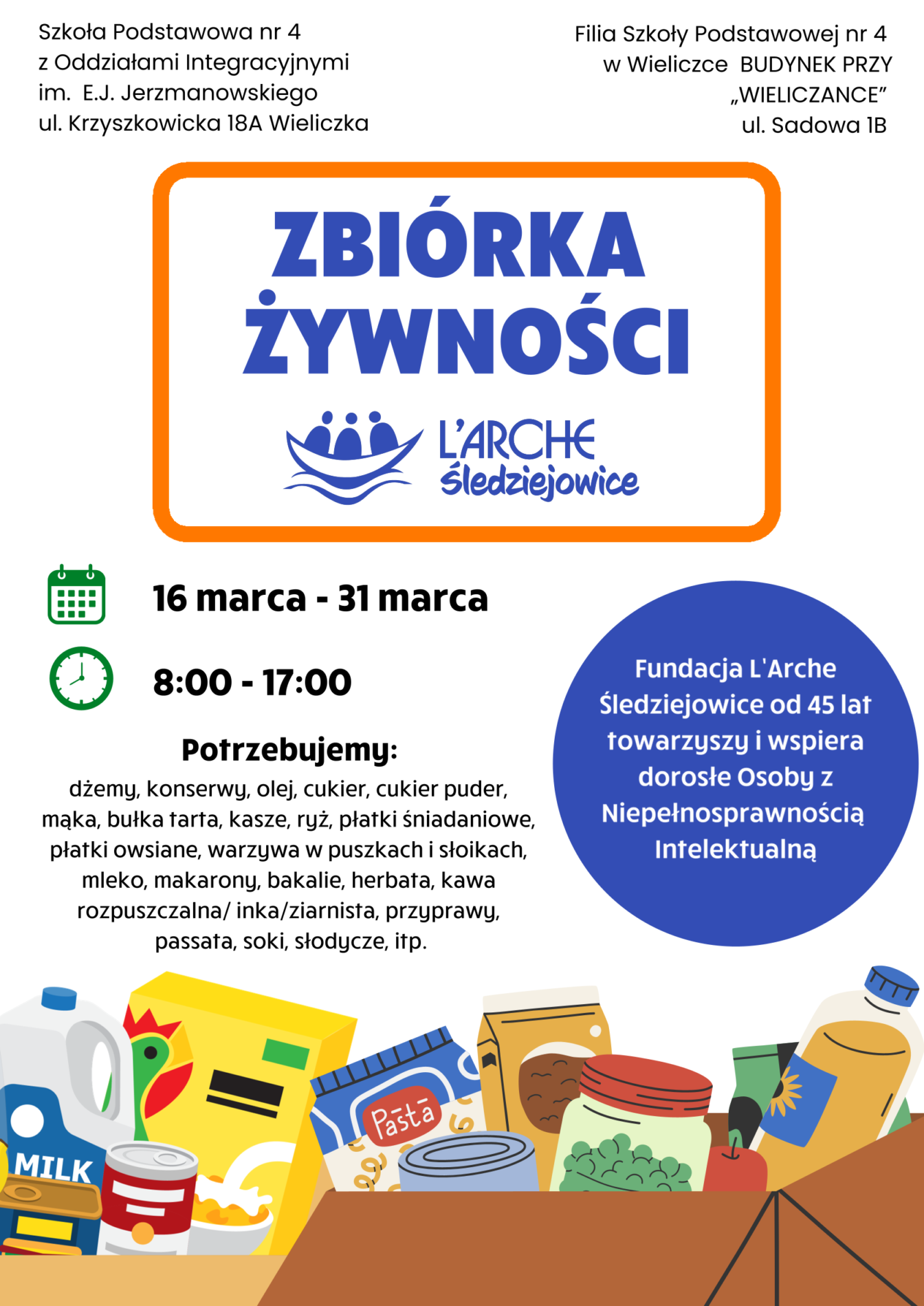Plakat z informacją o zbiórce żywności a na nim napis: Szkoła Podstawowa nr 4 Filia Szkoły Podstawowej nr 4 z Oddziałami Integracyjnymi w Wieliczce BUDYNEK PRZY im. E.J. Jerzmanowskiego „WIELICZANCE” ul. Krzyszkowicka 18A Wieliczka ul. Sadowa 1B ZBIÓRKA ŻYWNOŚCI 16 marca - 31 marca 8:00 - 17:00 Fundacja L’Arche Śledziejowice od 45 lat Potrzebujemy: towarzyszy i wspiera dżemy, konserwy, olej, cukier, cukier puder, dorosłe Osoby z mąka, bułka tarta, kasze, ryż, płatki śniadaniowe, Niepełnosprawnością płatki owsiane, warzywa w puszkach i słoikach, Intelektualną mleko, makarony, bakalie, herbata, kawa rozpuszczalna/ inka/ziarnista, przyprawy, passata, soki, słodycze, itp.