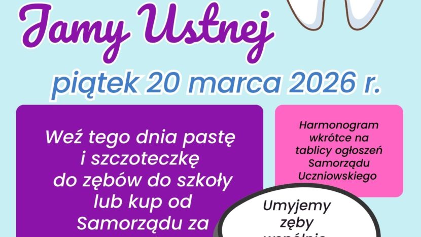 Z okazji Światowego Dnia Zdrowia Jamy Ustnej, który przypada 20 marca, w naszej szkole odbędzie się akcja wspólnego mycia zębów. Jej celem jest promowanie zdrowych nawyków i pokazanie uczniom, że mycie zębów po posiłku – także w szkole – jest czymś naturalnym. Chcemy, aby dbanie o higienę jamy ustnej na przerwie było normalne i nikogo nie dziwiło. Uczniowie przynoszą własne szczoteczki i pasty do zębów, a dla chętnych dostępne będą również jednorazowe szczoteczki z pastą w symbolicznej cenie 1 zł.