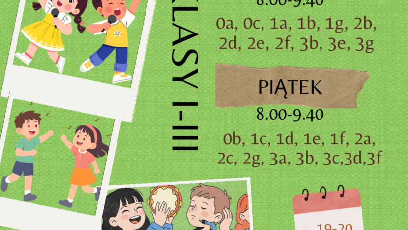 Plakat informujący o gali talentów a na nim informacje: GALA TALENTÓW CZWARTEK 8.00-9.40 0a, 0c, 1a, 1b, 1g, 2b, 2d, 2e, 2f, 3b, 3e, 3g PIĄTEK 8.00-9.40 0b, 1c, 1d, 1e, 1f, 2a, 2c, 2g, 3a, 3b, 3c,3d,3f 19-20 marca KLASY I-III