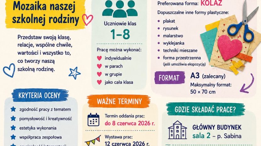 Zaproszenie do udziału w konkursie organizowanym w związku ze Szkolnym Piknikiem Dnia Radości i Rodziny. Szczegóły oraz regulamin w formie kolorowego plakatu.