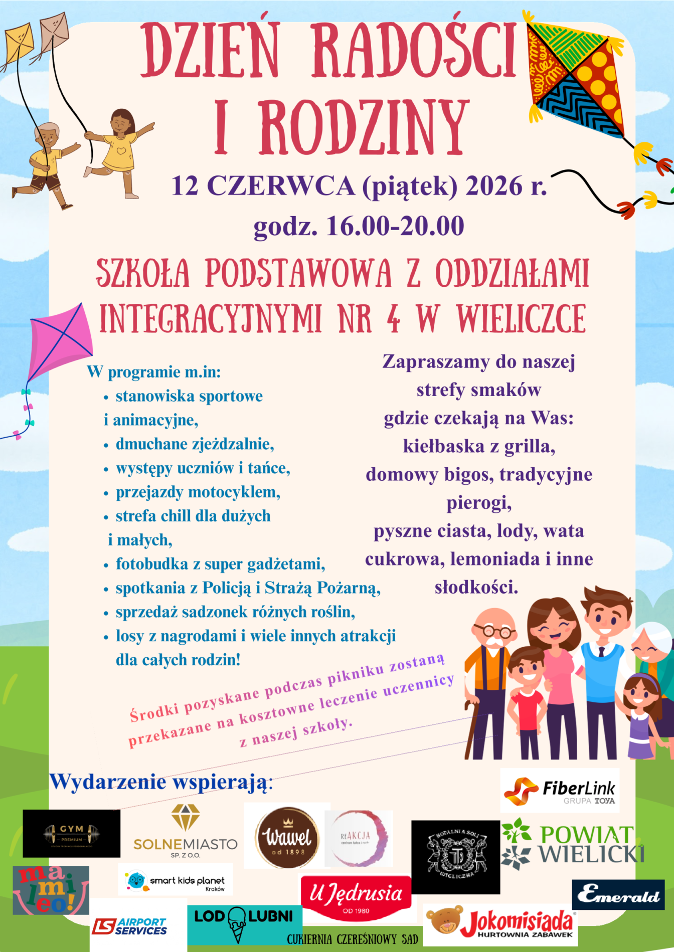 Plakat z zaproszeniem oraz informacją dotyczacą organiacji dnia radości i rodziny w SP4 Wieliczka