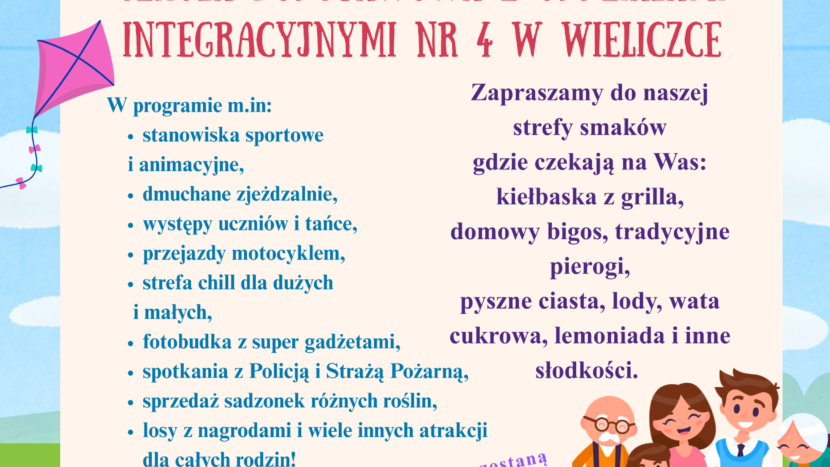 Plakat z zaproszeniem oraz informacją dotyczacą organiacji dnia radości i rodziny w SP4 Wieliczka