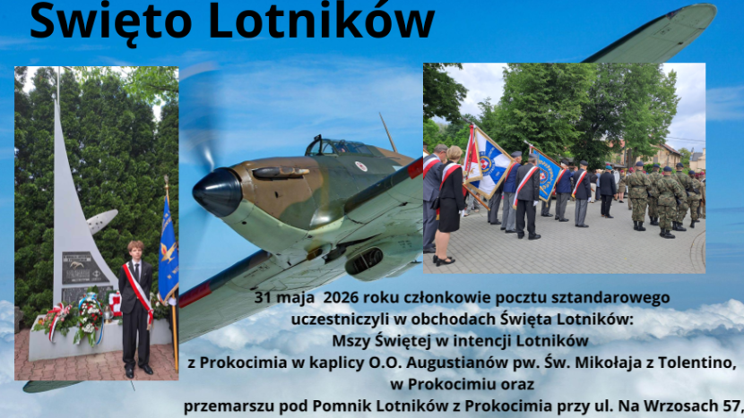 Grafika przedstawiająca udział uczniów szkoły wraz ze sztandarem w świecie lotnikó