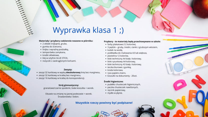 Wyprawka dla klas pierwszych na rok szkolny 2026/2027, w tle przybory szkolne