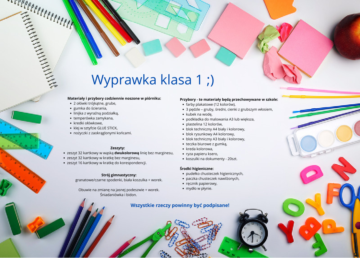 Wyprawka dla klas pierwszych na rok szkolny 2026/2027, w tle przybory szkolne