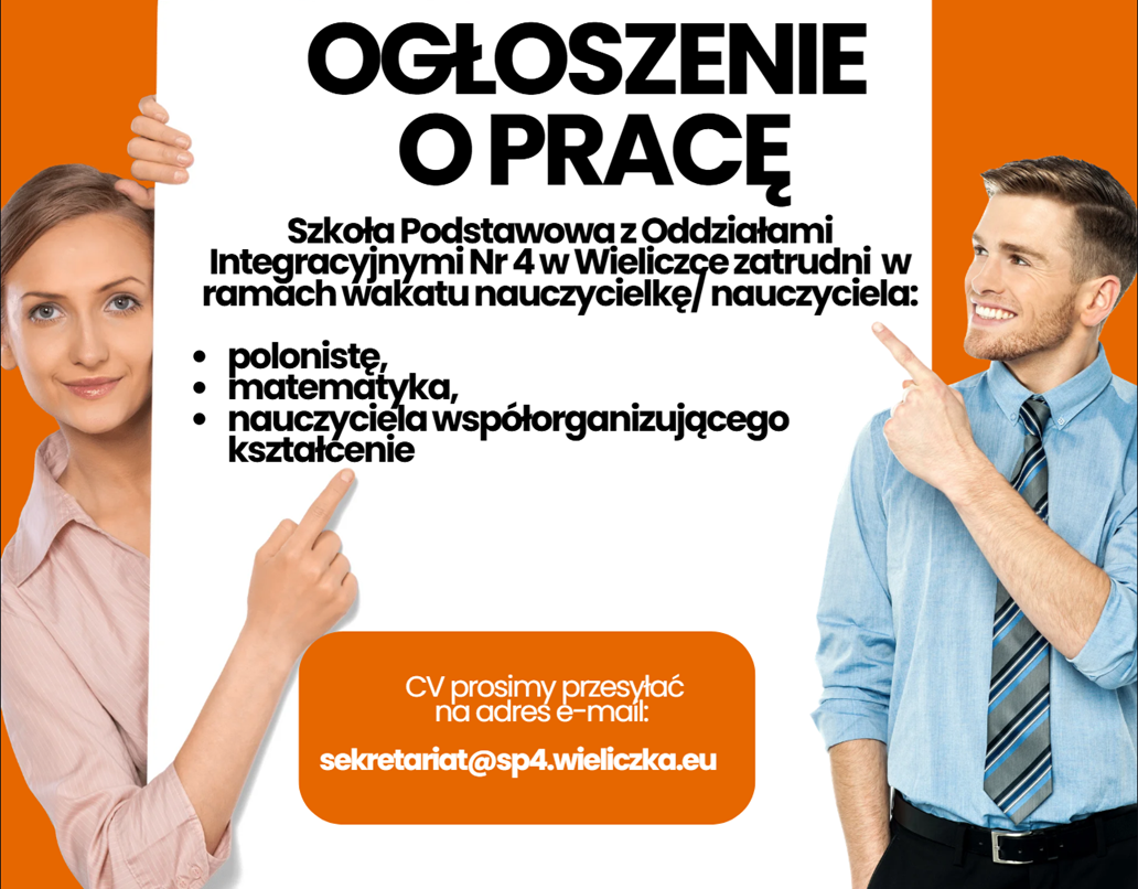 Ogłoszenie o pracę w SP4 Wieliczka, kobieta i mężczyzna wskazują palcem na tekst ogłoszenia