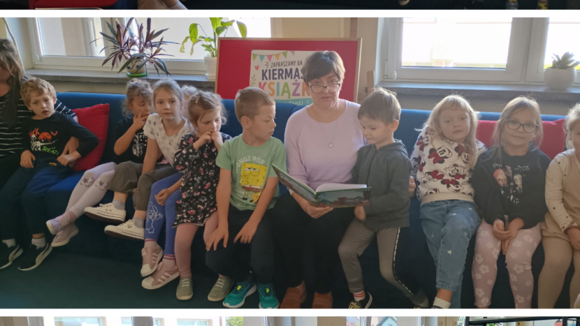 Dzieci w bibliotece podczas udziału w dniu głosnego czytania w SP4 Wieliczka, kolaz trzech zdjęć